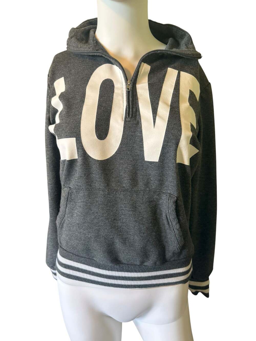 No Boundaries  Gray 'LOVE' Graphic 1/4 Zip Sweatshirt with Striped Rib trim